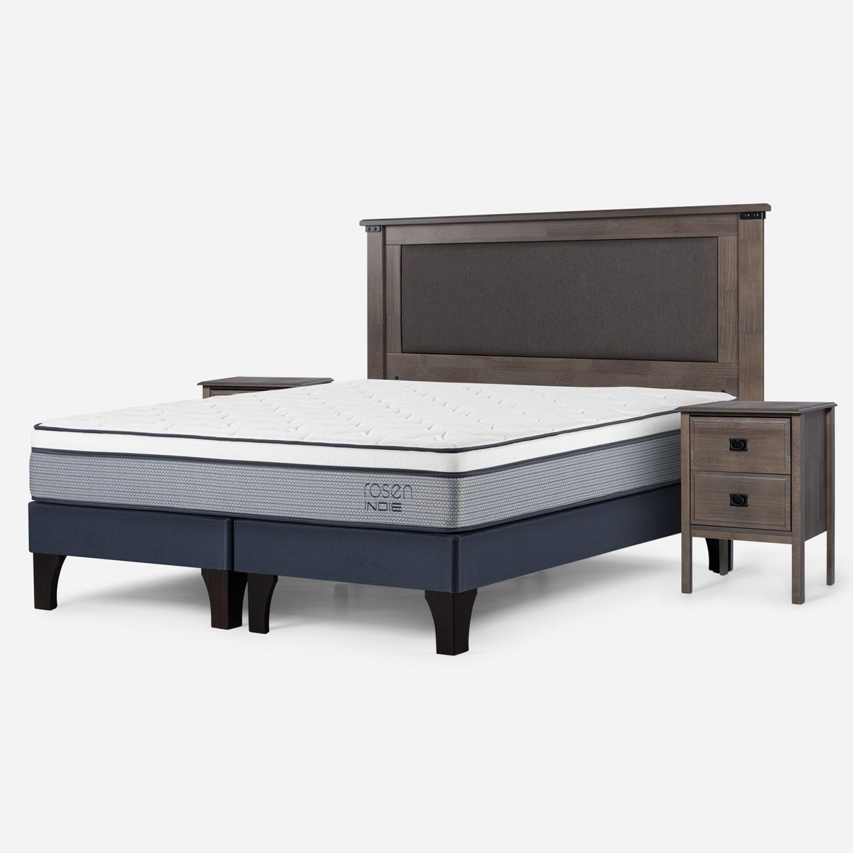 ROSEN - Cama Europea Indie King x 2.00 mt Base Dividida + Respaldo + 2 Veladores Rosen