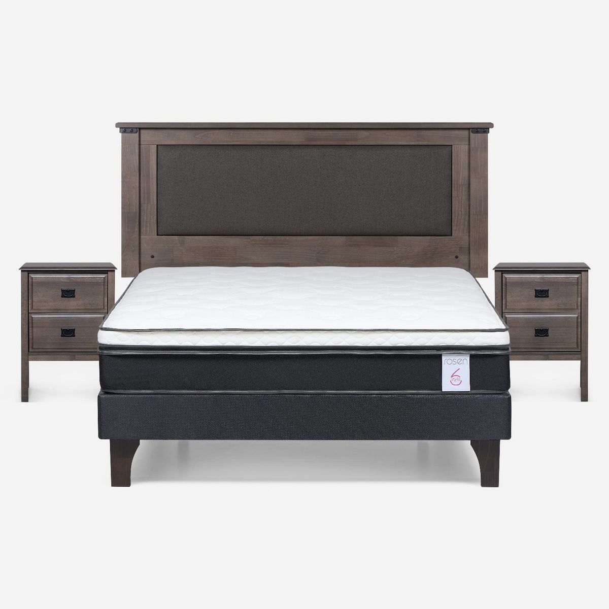 ROSEN - Cama Europea New Style 6 2 Plazas x 2.00 mt Base Normal + Respaldo + 2 Veladores Rosen