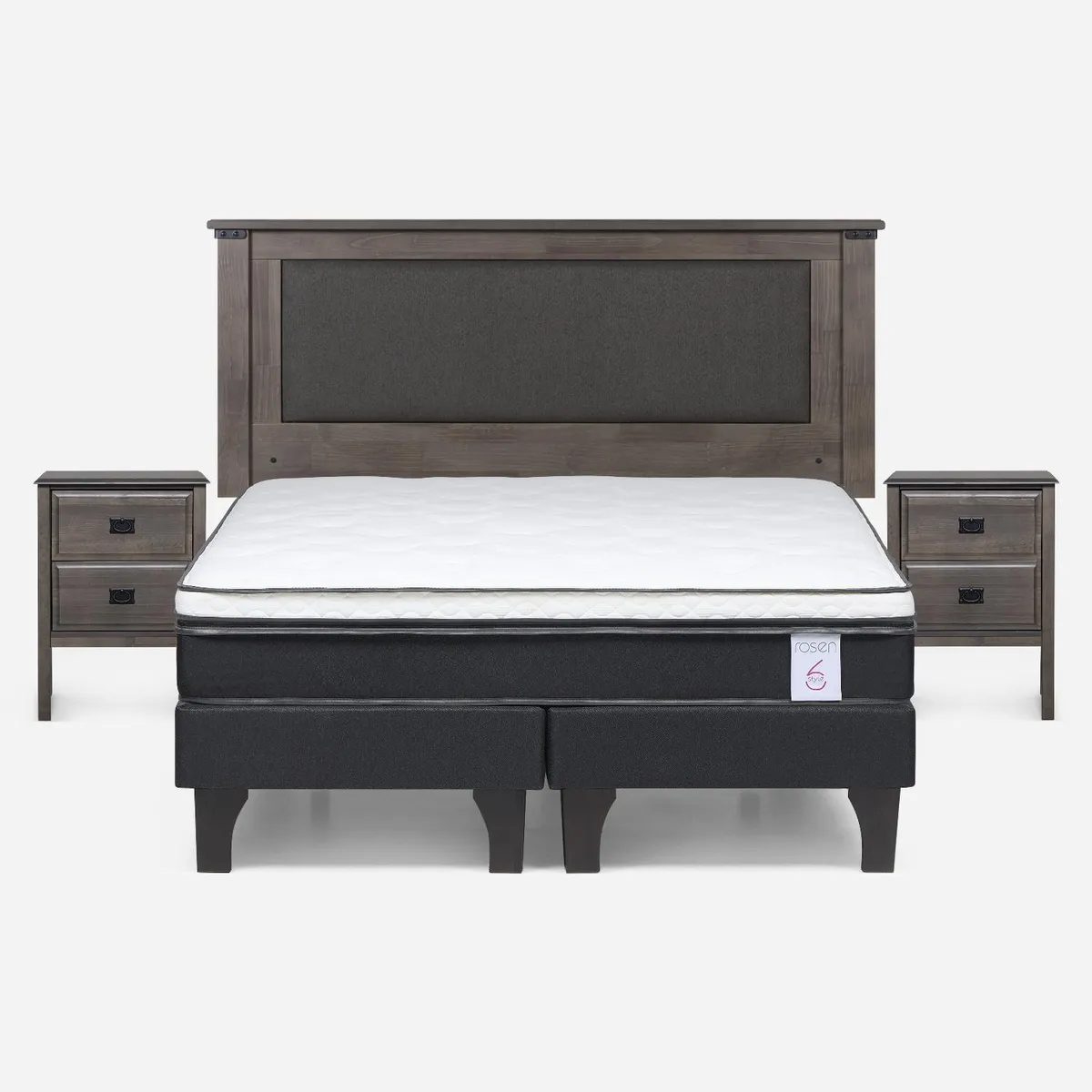 ROSEN - Cama Europea New Style 6 2 Plazas x 2.00 mt Base Dividida + Respaldo + 2 Veladores Rosen