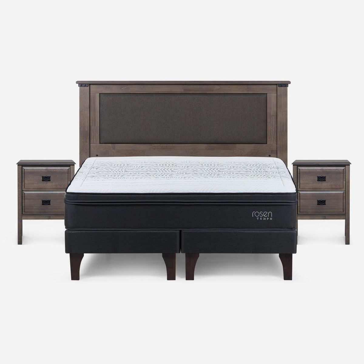 ROSEN - Cama Europea Tempo 2 Plazas x 2.00mt Base Dividida + Respaldo + 2 Veladores Rosen