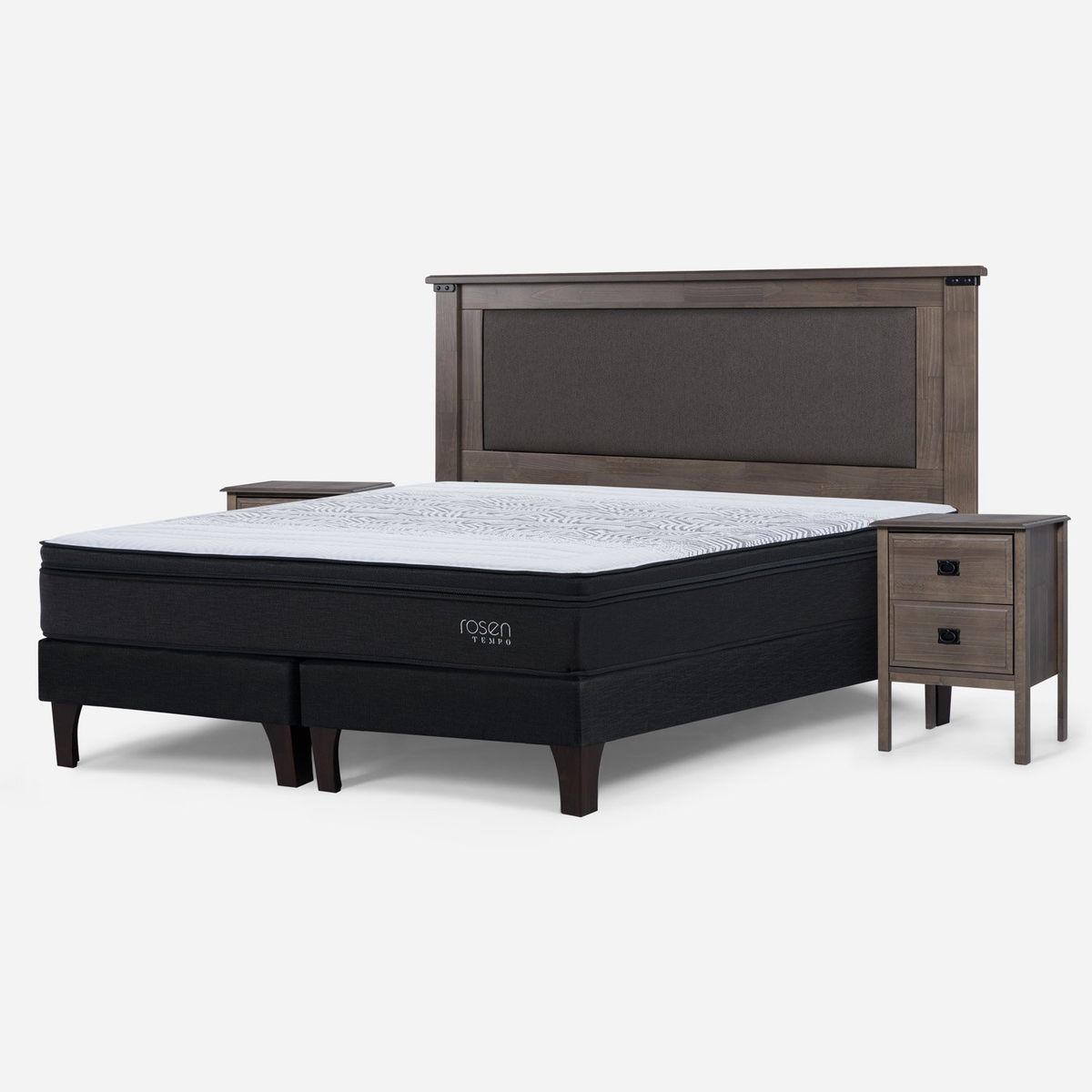 ROSEN - Cama Europea Tempo 2 Plazas x 2.00mt Base Dividida + Respaldo + 2 Veladores Rosen