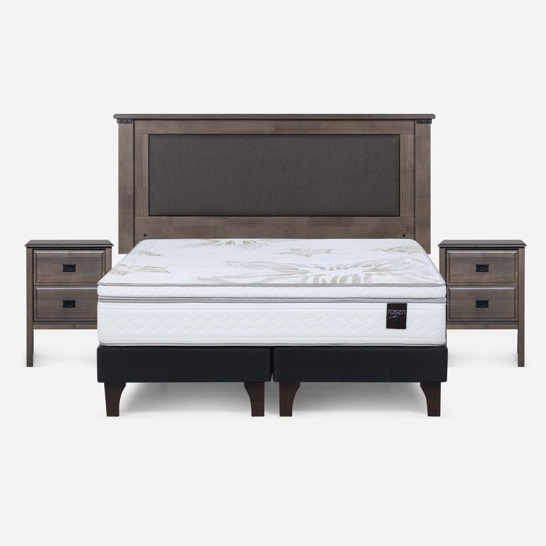 Cama Europea Art 4 King x 2.00mt Base Dividida + Respaldo + 2 Veladores