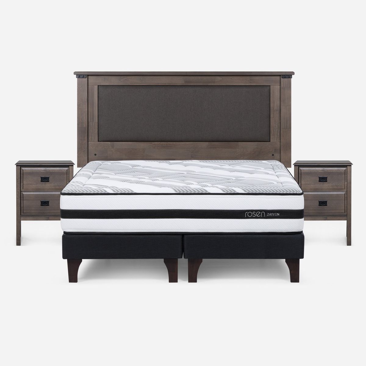 ROSEN - Cama Europea Driven 2 Plazas x 2.00mt Base Dividida + Respaldo + 2 Veladores Rosen