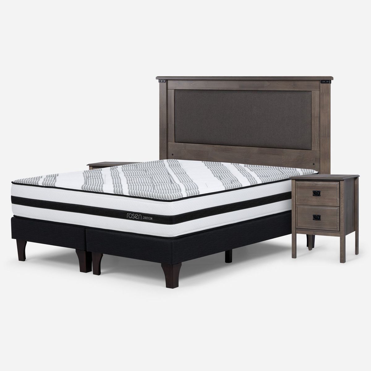 ROSEN - Cama Europea Driven 2 Plazas x 2.00mt Base Dividida + Respaldo + 2 Veladores Rosen