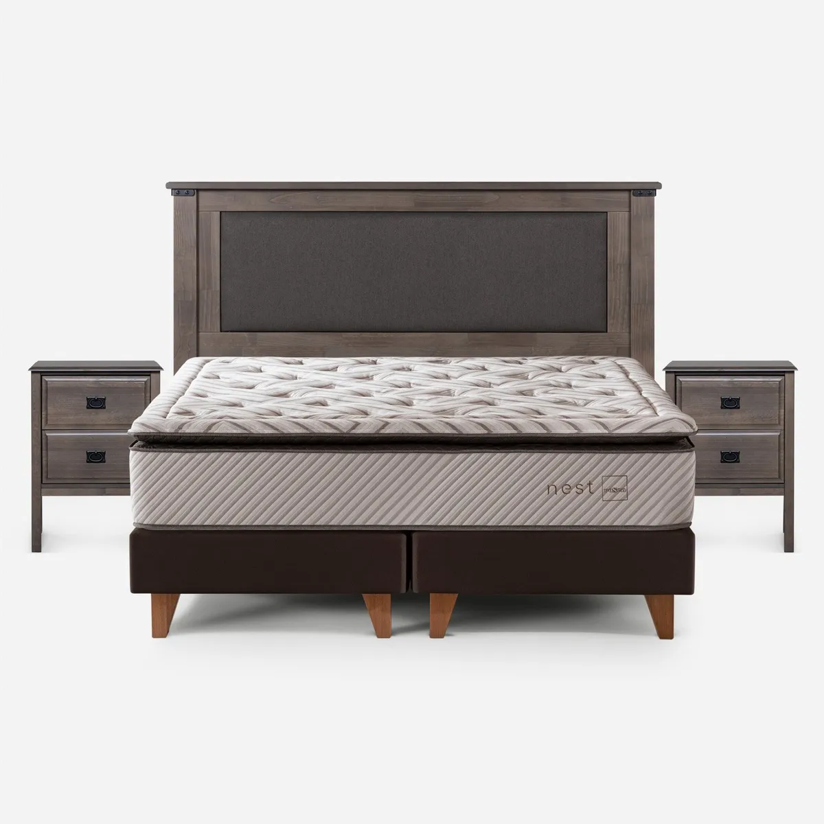 ROSEN - Cama Europea Nest 2 Plazas x 2.00mt Base Dividida + Respaldo + 2 Veladores Rosen