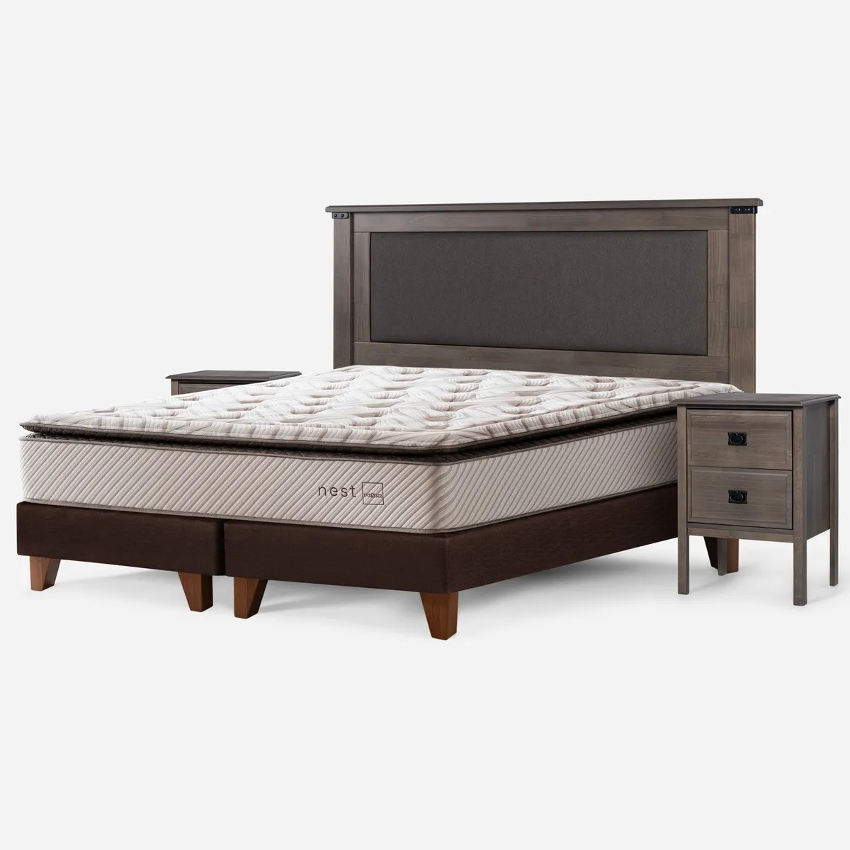 ROSEN - Cama Europea Nest 2 Plazas x 2.00mt Base Dividida + Respaldo + 2 Veladores Rosen