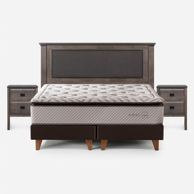 Cama Europea Nest King x 2.00mt Base Dividida + Respaldo + 2 Veladores