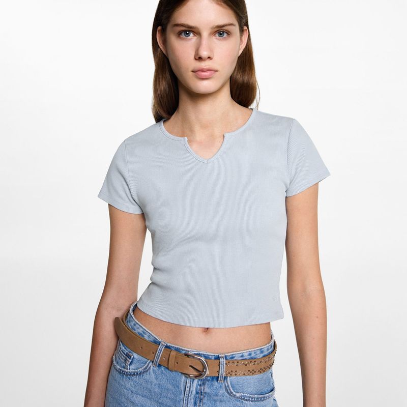 MANGO TEEN - Polera Cuello Pico Mujer Mango Teen