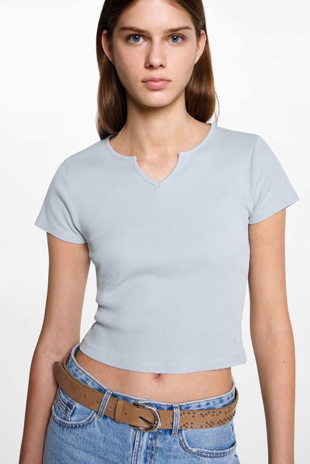 MANGO TEEN - Polera Cuello Pico Mujer Mango Teen