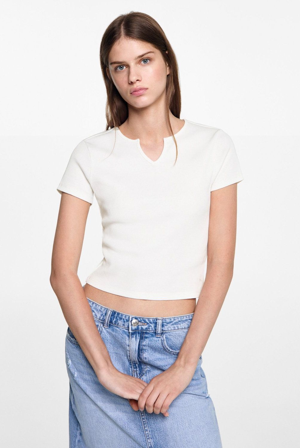 MANGO TEEN - Polera Cuello Pico Mujer Mango Teen