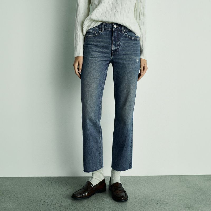 MANGO - Jeans Blanca Tiro Medio Rectos Crop Mujer Mango