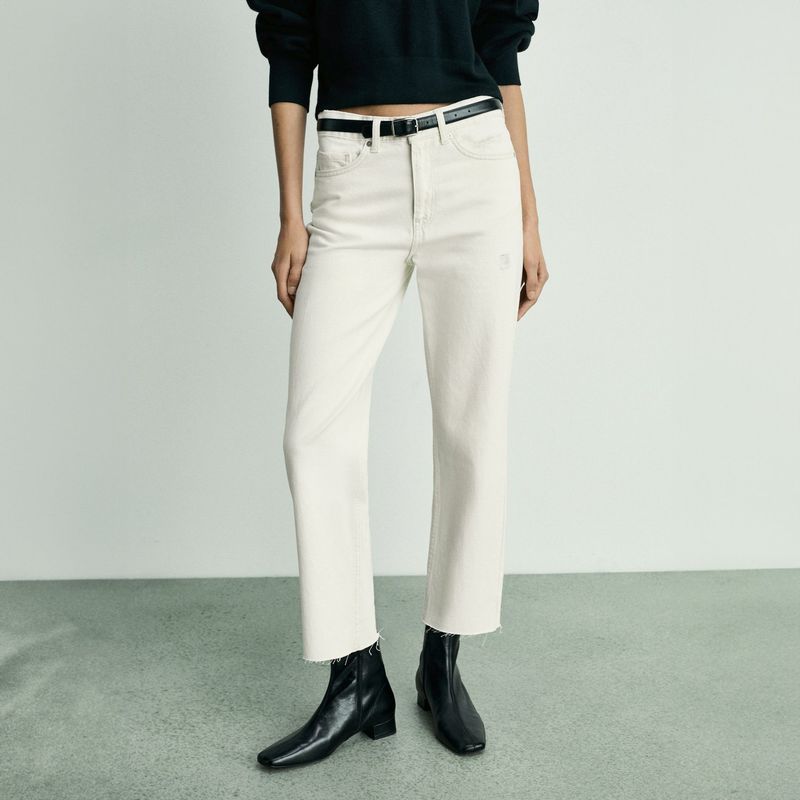 MANGO - Jeans Blanca Tiro Medio Rectos Crop Mujer Mango