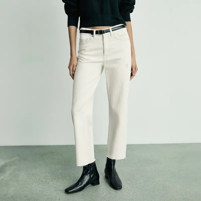 MANGO - Jeans Blanca Tiro Medio Rectos Crop Mujer Mango