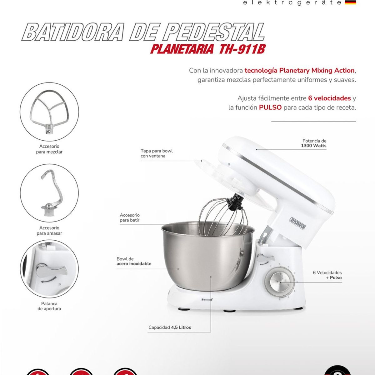 THOMAS - Batidora de pie th-911b 4 lt 1300 w