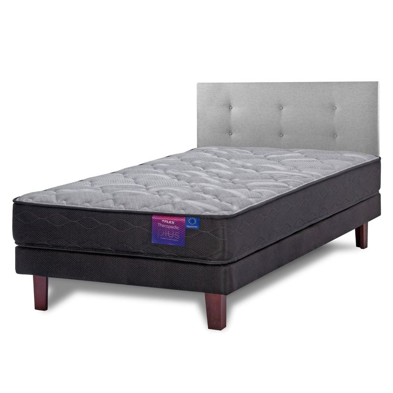 FLEX - Cama Europea Therapedic Plus 1.5 Plaza + Respaldo Royal Gris Flex