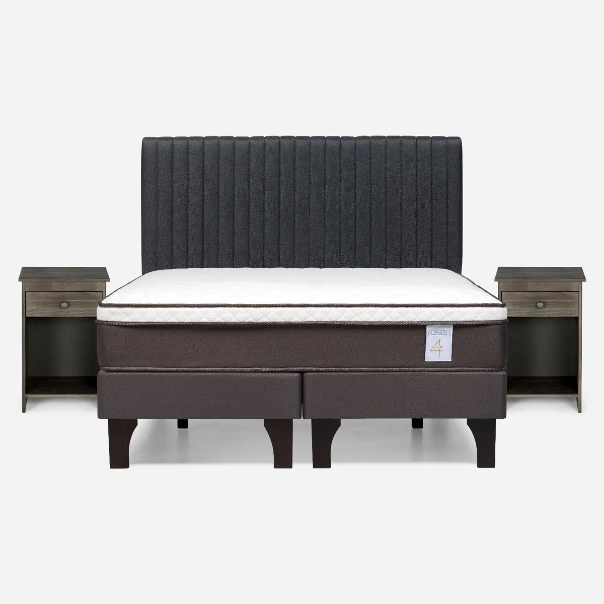 ROSEN - Cama Europea New Style 4 Plus 2 Plazas x 2.00 mt Base Dividida + Respaldo + 2 Veladores Rosen