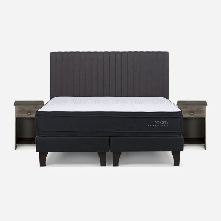 ROSEN Cama Europea Tempo Plus 2 Plazas x 2.00mt Base Dividida + Respaldo + 2 Veladores