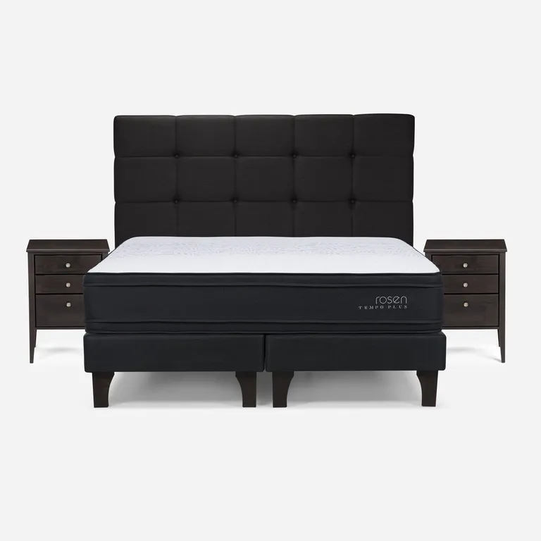 Cama Europea Tempo Plus 2 Plazas x 2.00mt Base Dividida + Respaldo + 2 Veladores