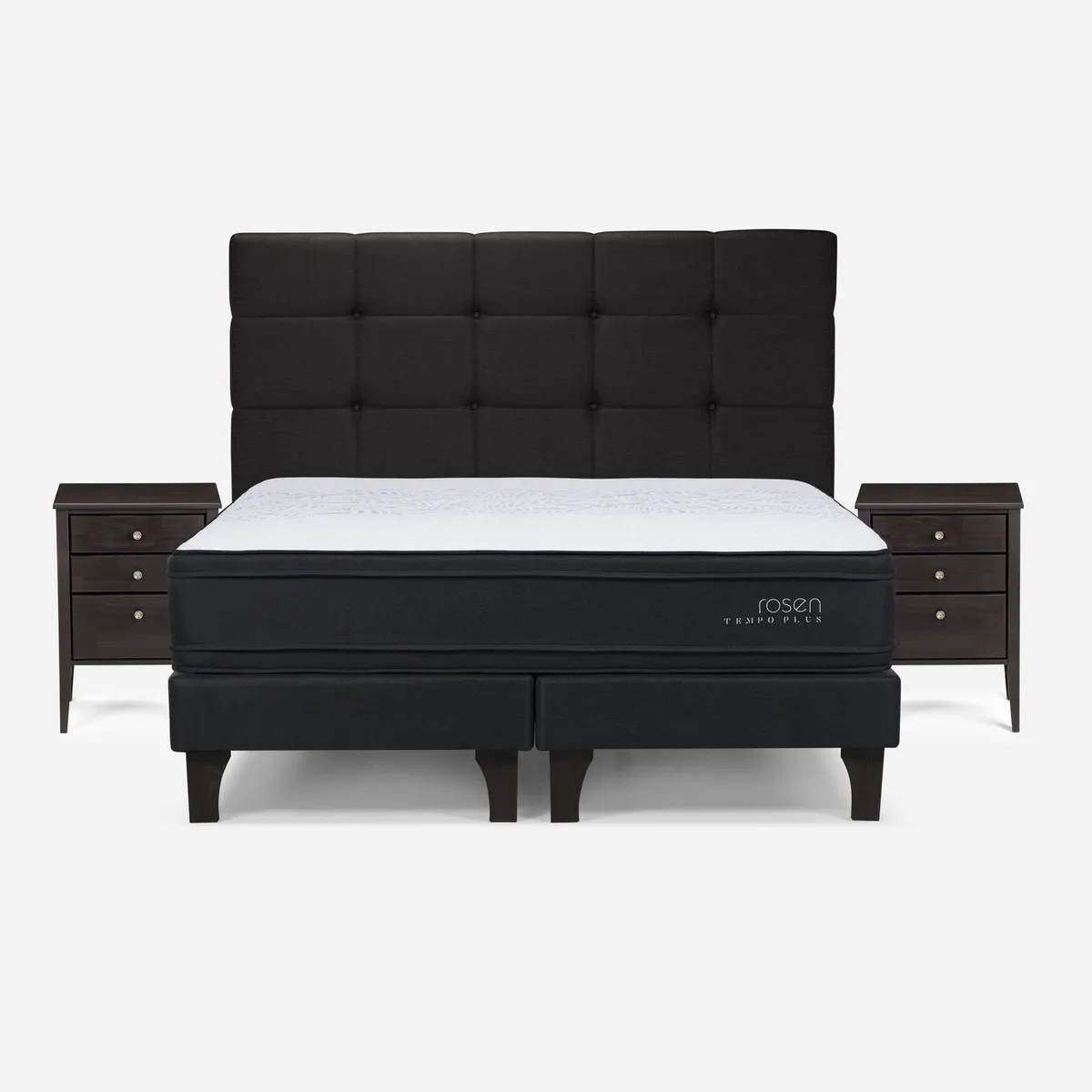 ROSEN - Cama Europea Tempo Plus 2 Plazas x 2.00mt Base Dividida + Respaldo + 2 Veladores Rosen