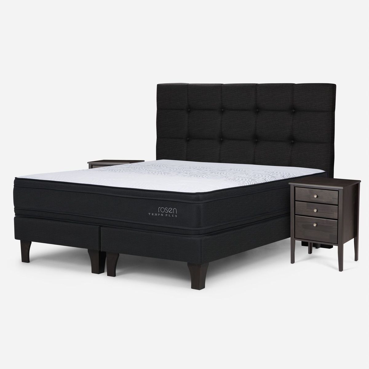 ROSEN - Cama Europea Tempo Plus 2 Plazas x 2.00mt Base Dividida + Respaldo + 2 Veladores Rosen
