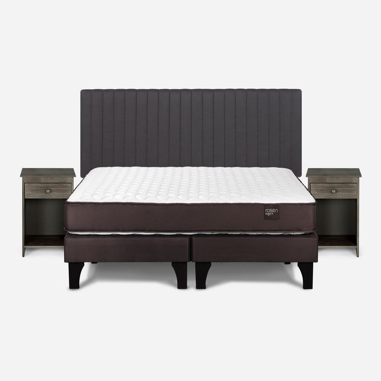 ROSEN Cama Europea New Ergo T 2 Plazas x 2.00 mt Base Dividida + Respaldo + 2 Veladores