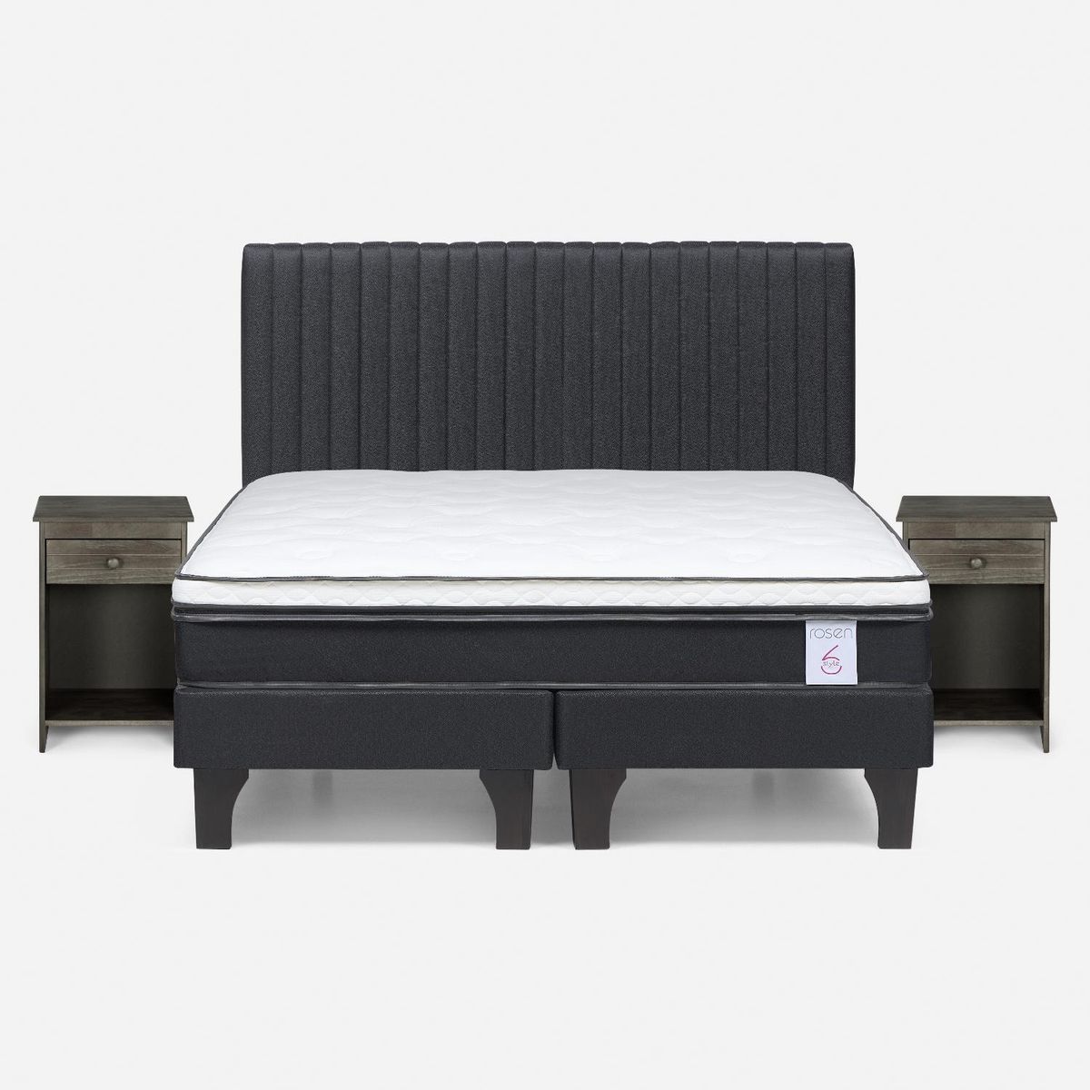 ROSEN - Cama Europea New Style 6 2 Plazas x 2.00 mt Base Dividida + Respaldo + 2 Veladores Rosen