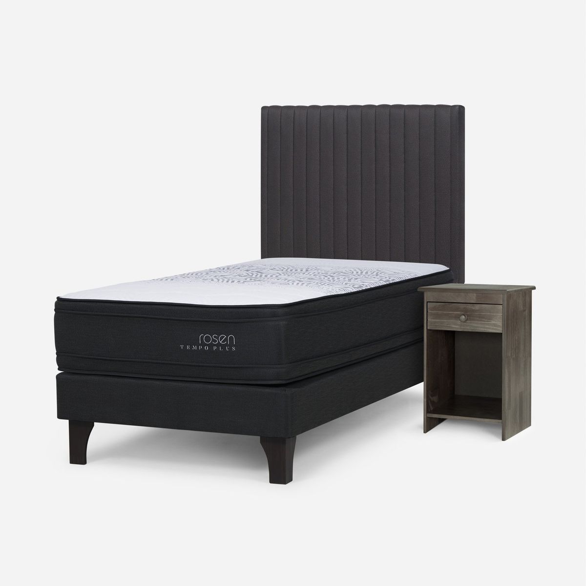ROSEN - Cama Europea Tempo Plus 1.5 Plazas x 2.00mt  + Respaldo + 1 Velador Rosen