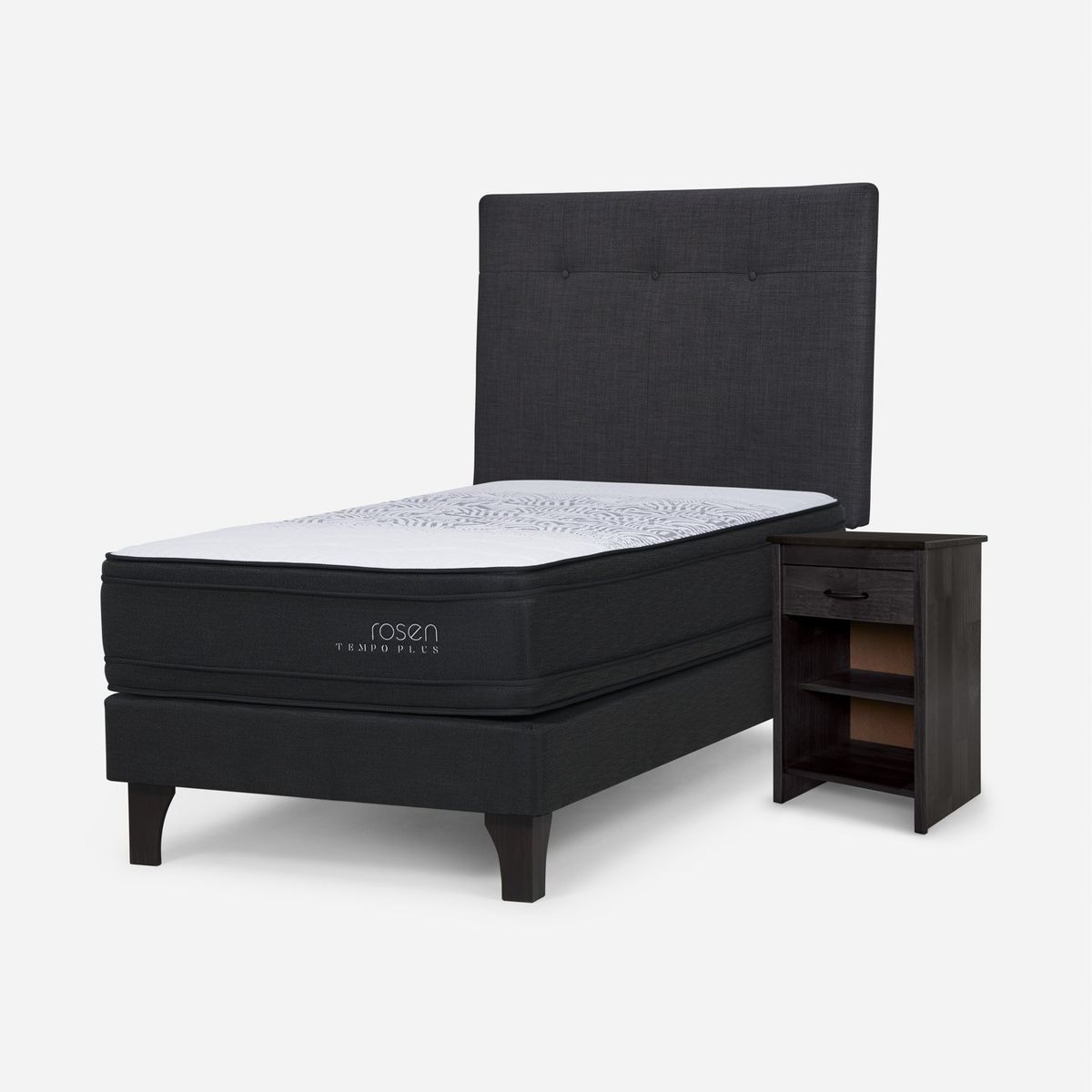 ROSEN - Cama Europea Tempo Plus 1.5 Plazas x 2.00mt  + Respaldo + 1 Velador Rosen