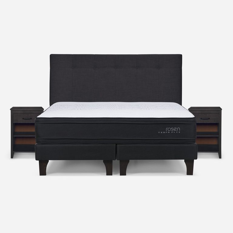 Cama Europea Tempo Plus 2 Plazas x 2.00mt Base Dividida + Respaldo + 2 Veladores