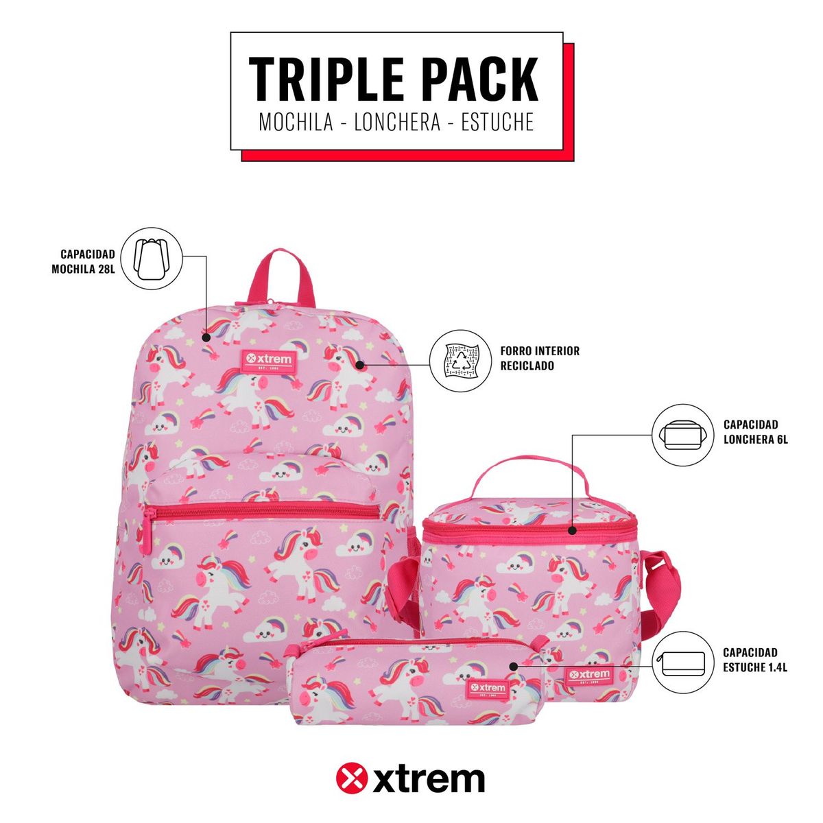 XTREM - Triple Pack Mochila + Lonchera + Estuche 5XT  Xtrem