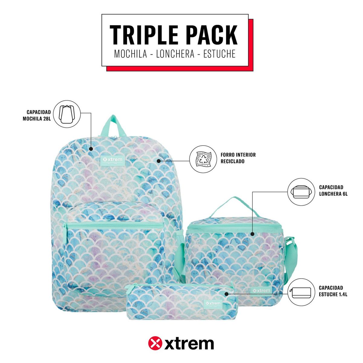XTREM - Triple Pack Mochila + Lonchera + Estuche 5XT  Xtrem