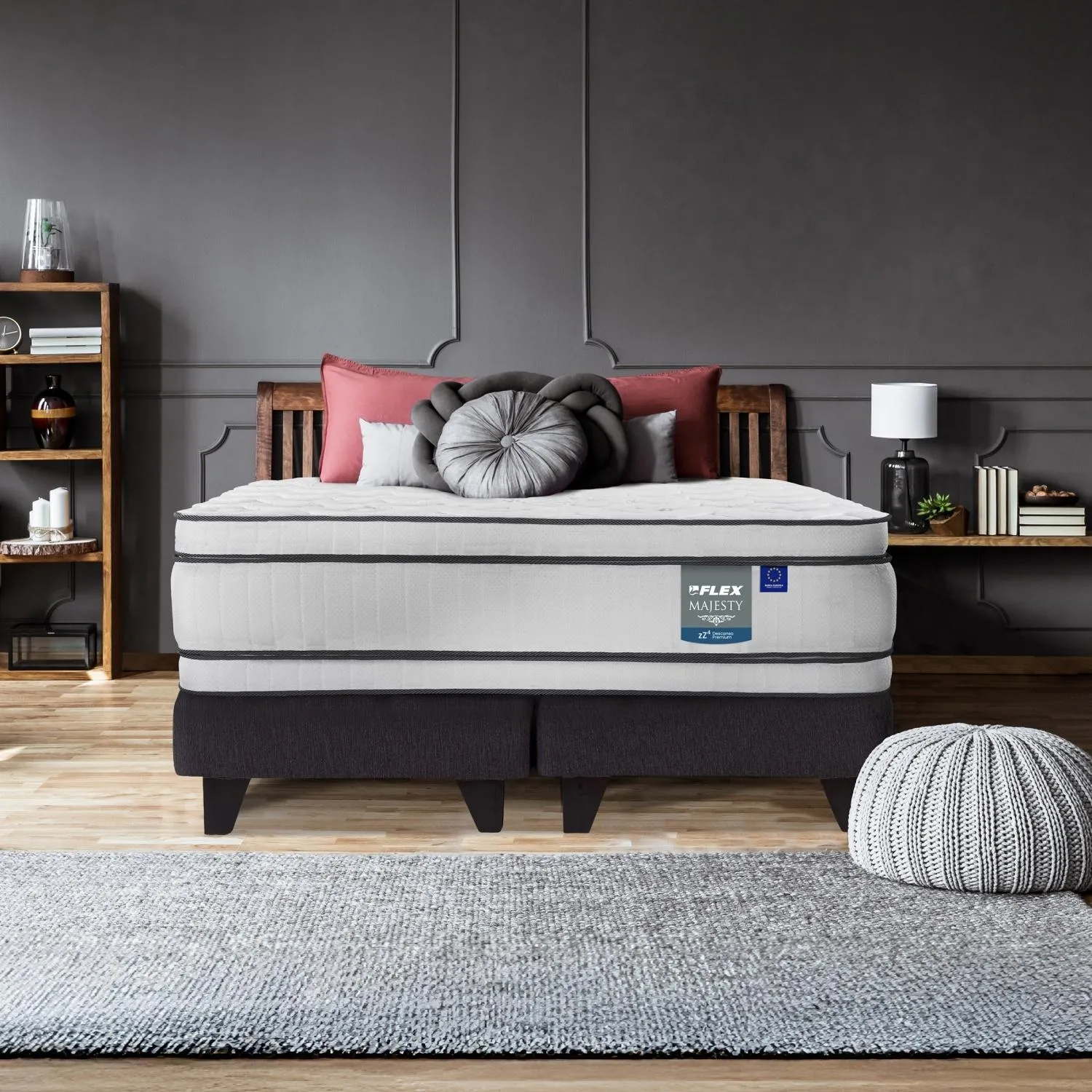 FLEX Cama Europea Grafito Majesty 2 Plazas Box B/D + Respaldo