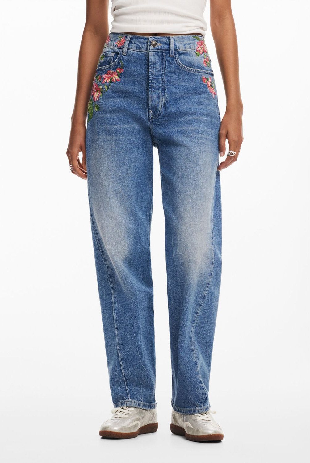 DESIGUAL - Pantalones Largos Denim Flores Mujer Desigual