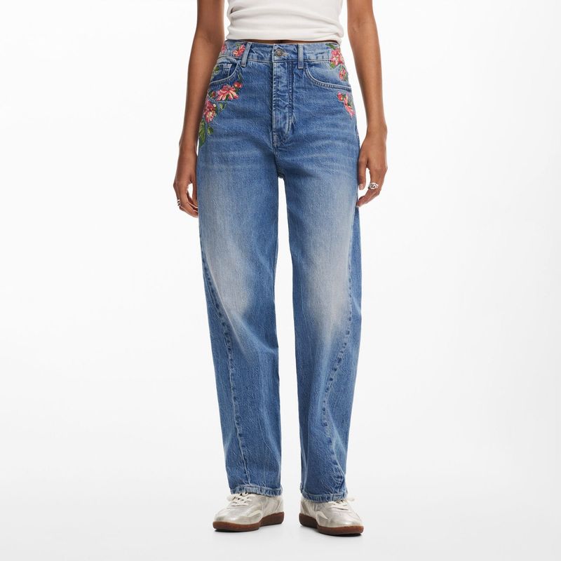 DESIGUAL - Pantalones Largos Denim Flores Mujer Desigual