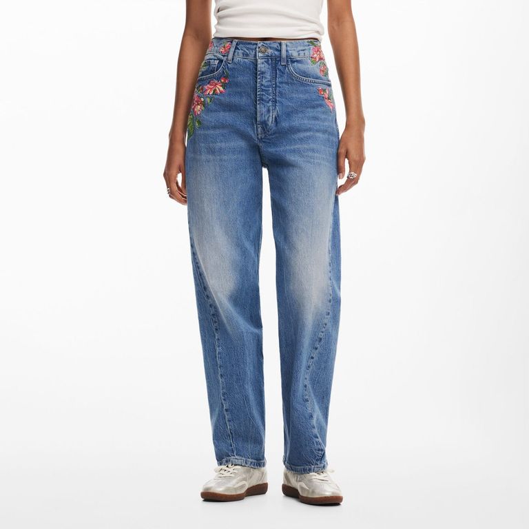 DESIGUAL Pantalones Largos Denim Flores Mujer Desigual