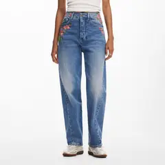 DESIGUAL - Pantalones Largos Denim Flores Mujer