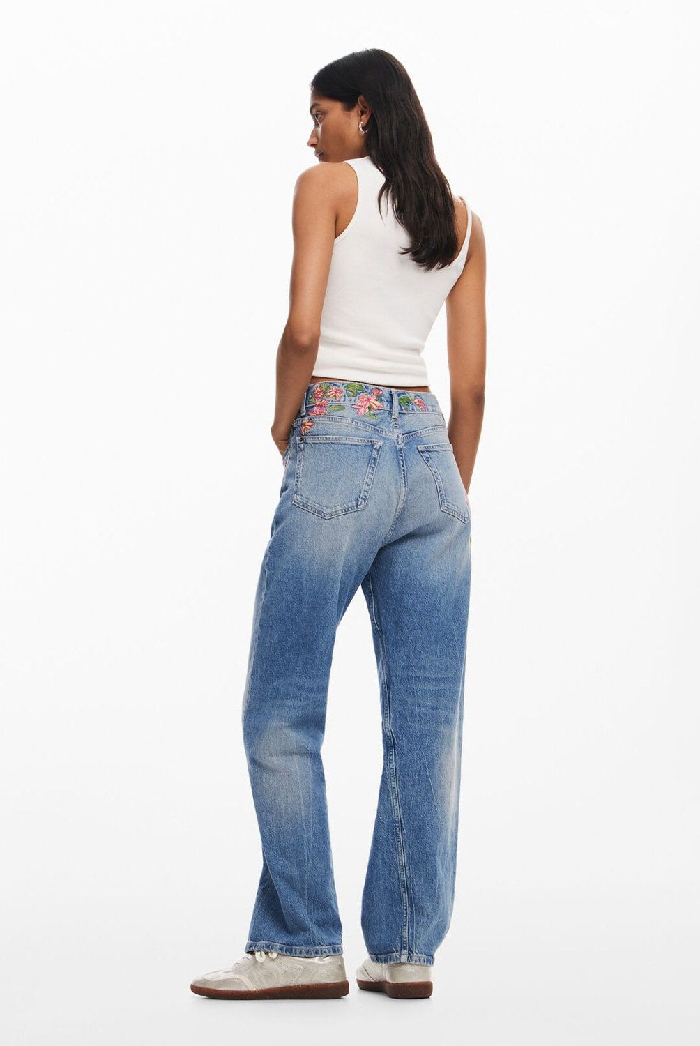 DESIGUAL - Pantalones Largos Denim Flores Mujer Desigual