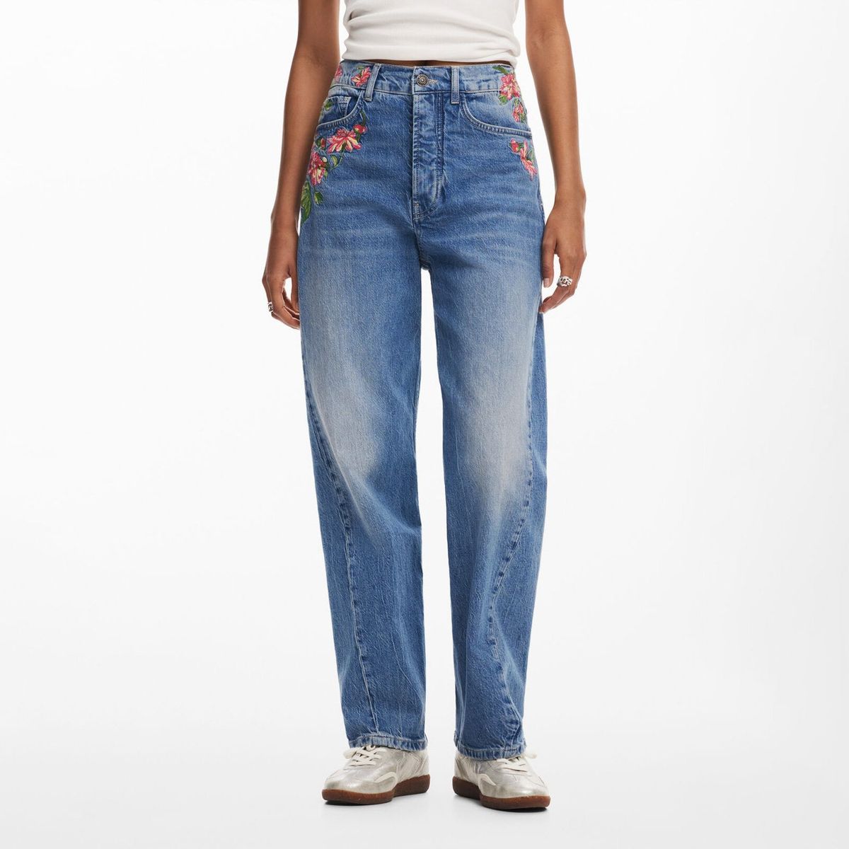 DESIGUAL - Pantalones Largos Denim Flores Mujer Desigual