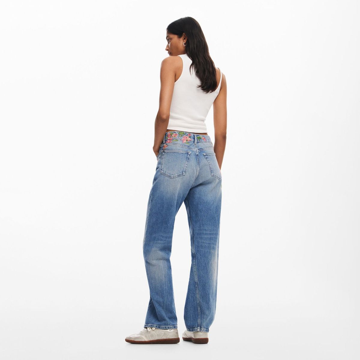 DESIGUAL - Pantalones Largos Denim Flores Mujer Desigual
