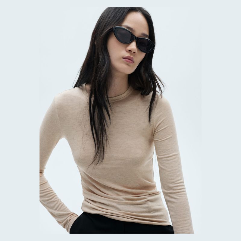 MANGO - Polera Manga Larga Cuello Redondo Mujer Mango