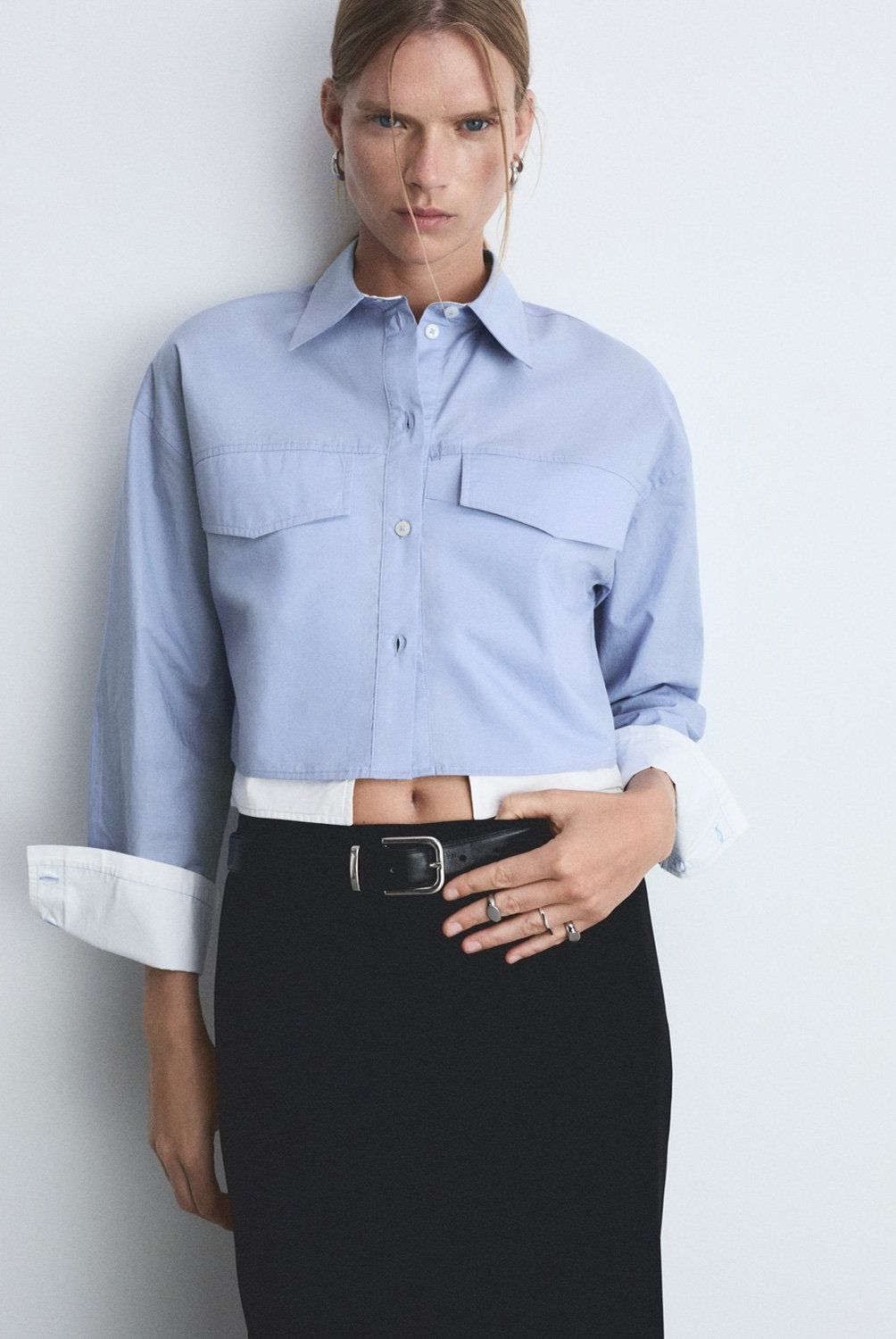 MANGO - Blusa Crop Combinada Mujer Mango
