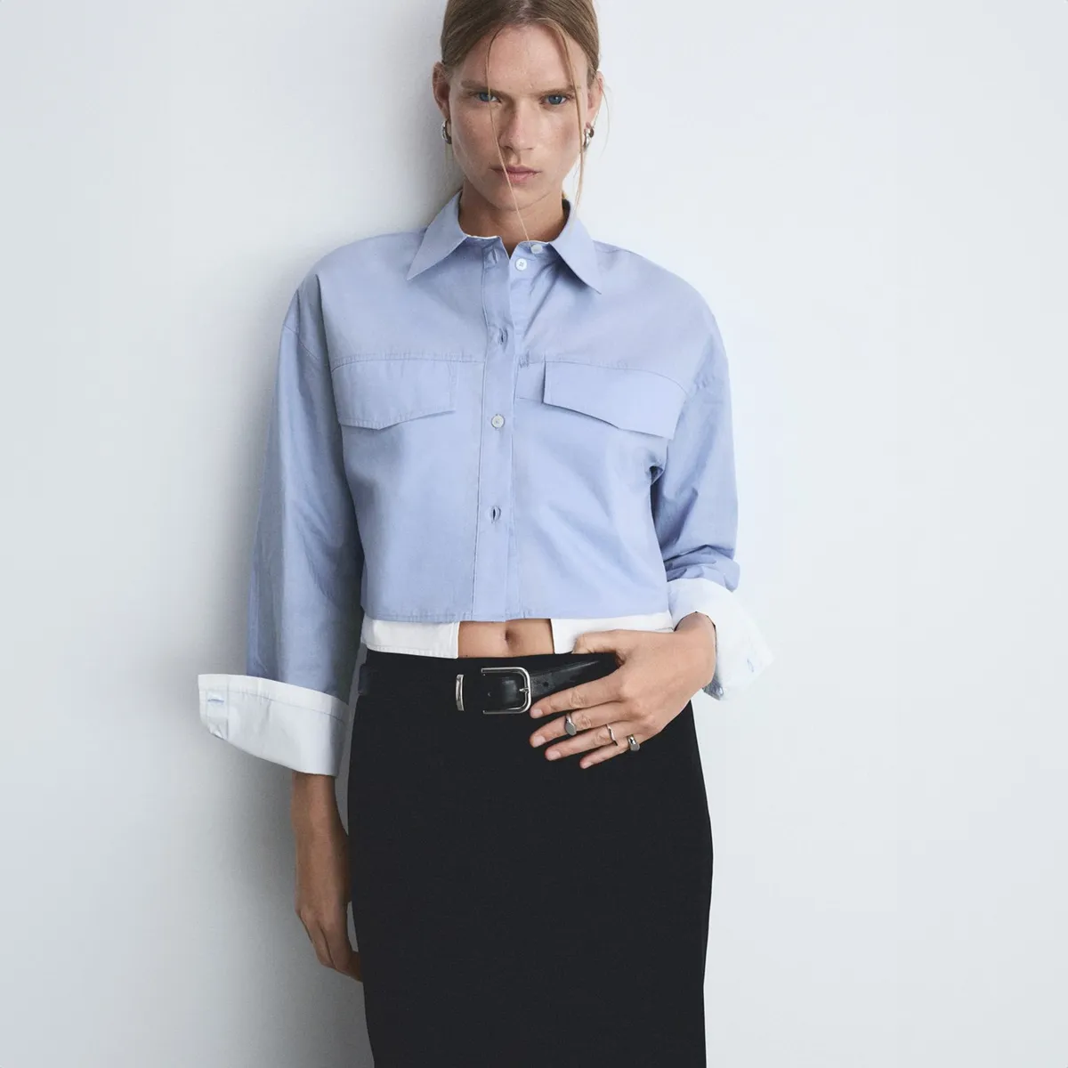 MANGO - Blusa Crop Combinada Mujer Mango
