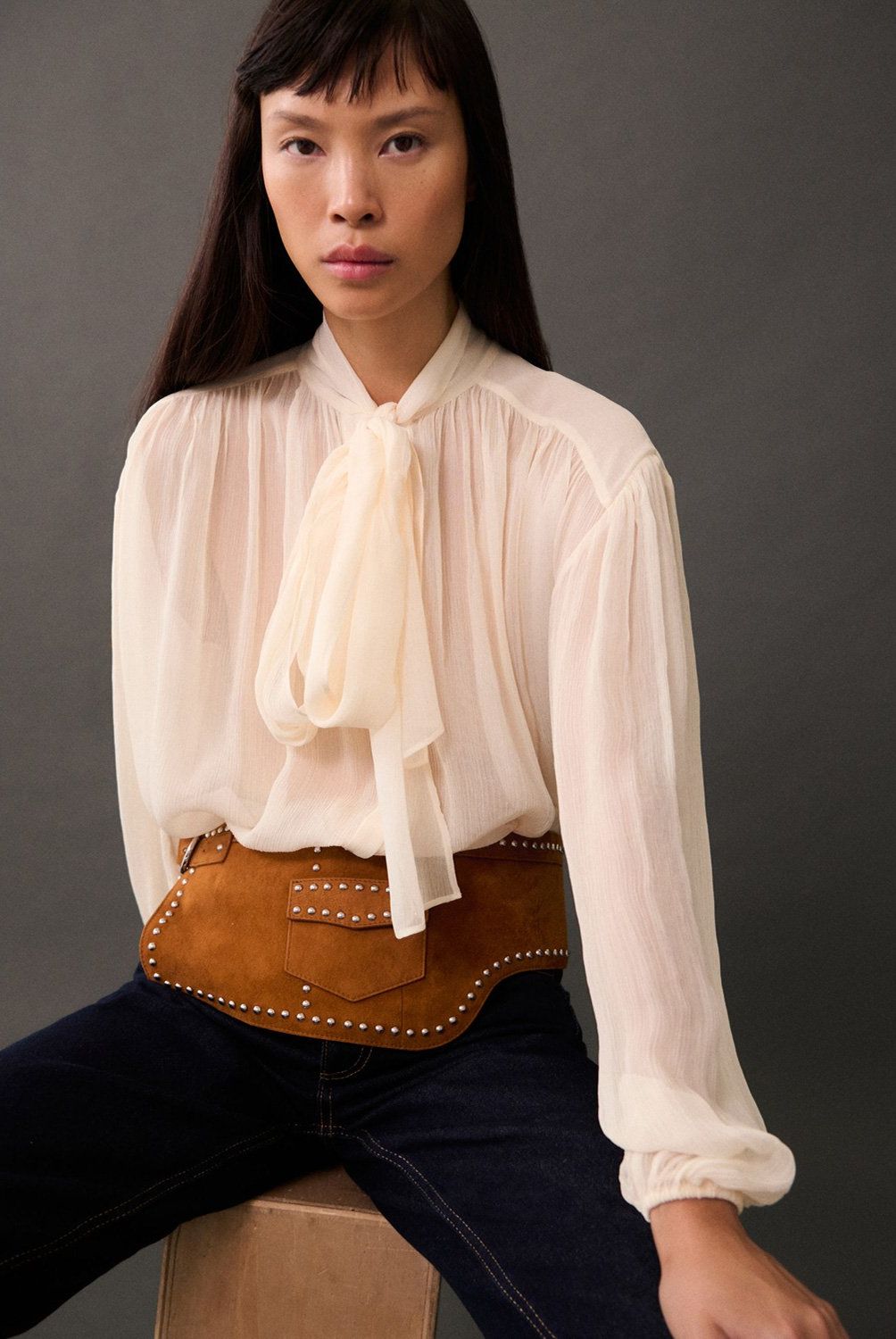 MANGO - Blusa Lazo Manga Abullonada Mujer Mango