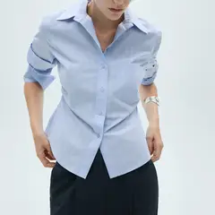 MANGO - Blusa Algodón Detalles Fruncidos Mujer