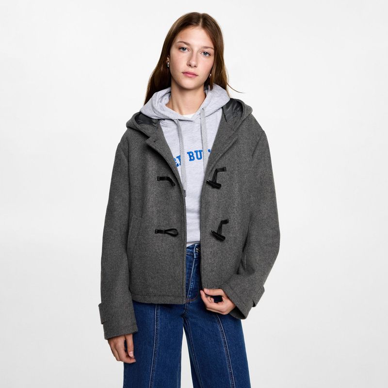 MANGO TEEN - Abrigo Capucha Lana Alamares Mujer Mango Teen