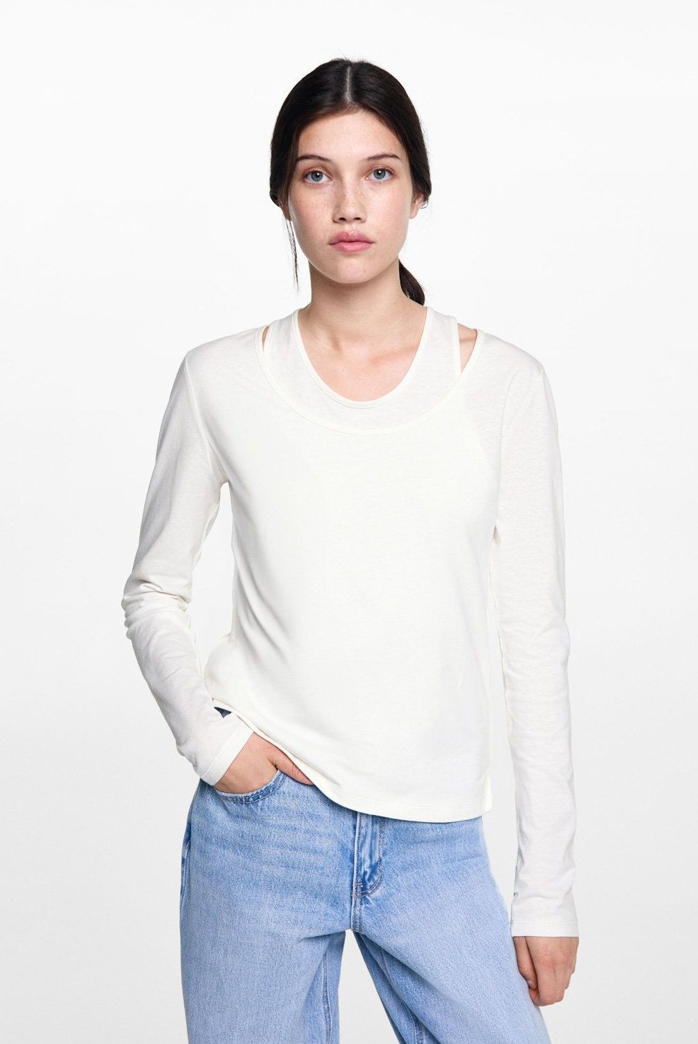 MANGO TEEN - Polera Algodón Doble Mujer Mango Teen
