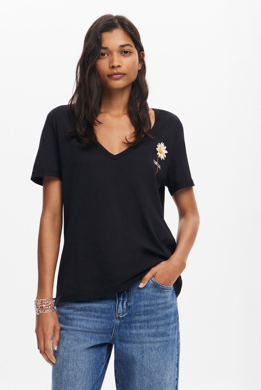 DESIGUAL - Polera Escote Pico Flor Mujer Desigual