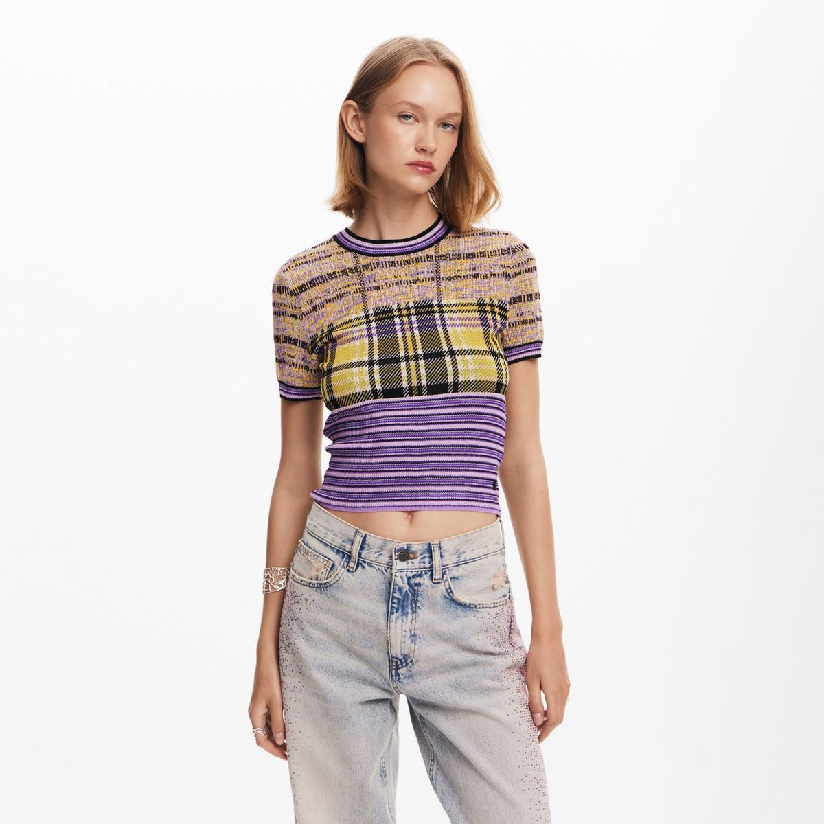 DESIGUAL - Polera De Punto Cuadros Mujer Desigual