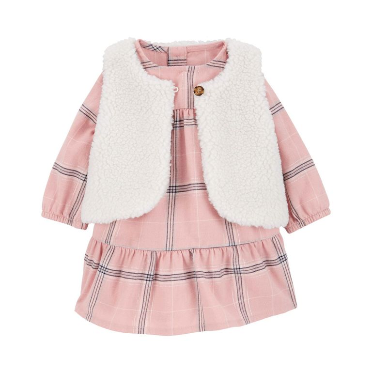 Conjunto 2 Piezas Vestido Con Cubre Pañal y Vest Sherpa Bebé Niña