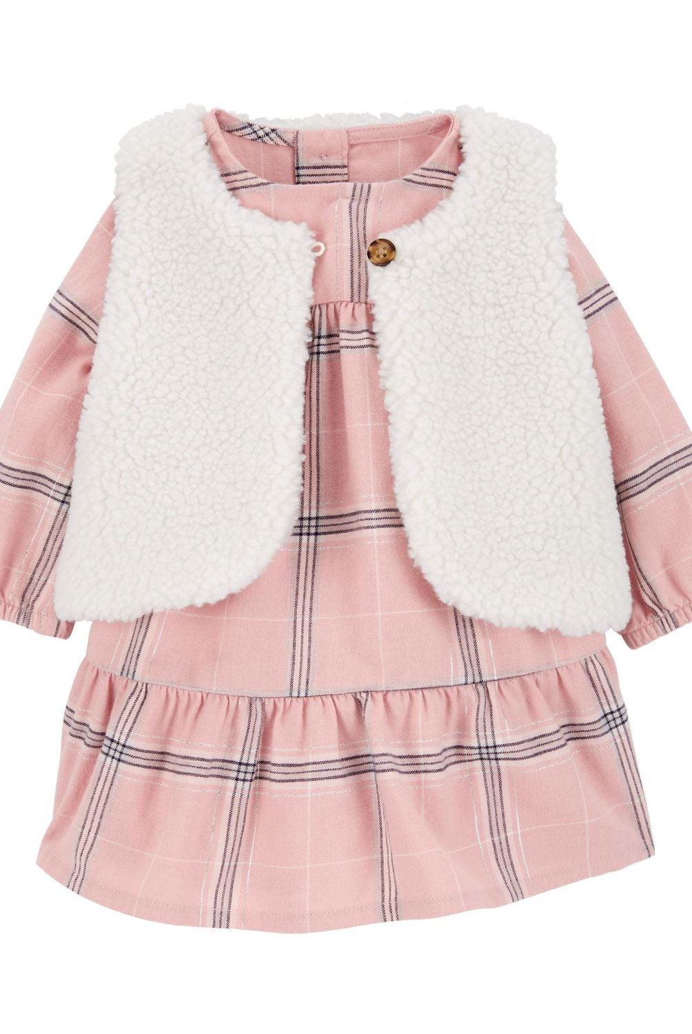 CARTER'S - Conjunto 2 Piezas Vestido Con Cubre Pañal y Vest Sherpa Bebé Niña Carter's
